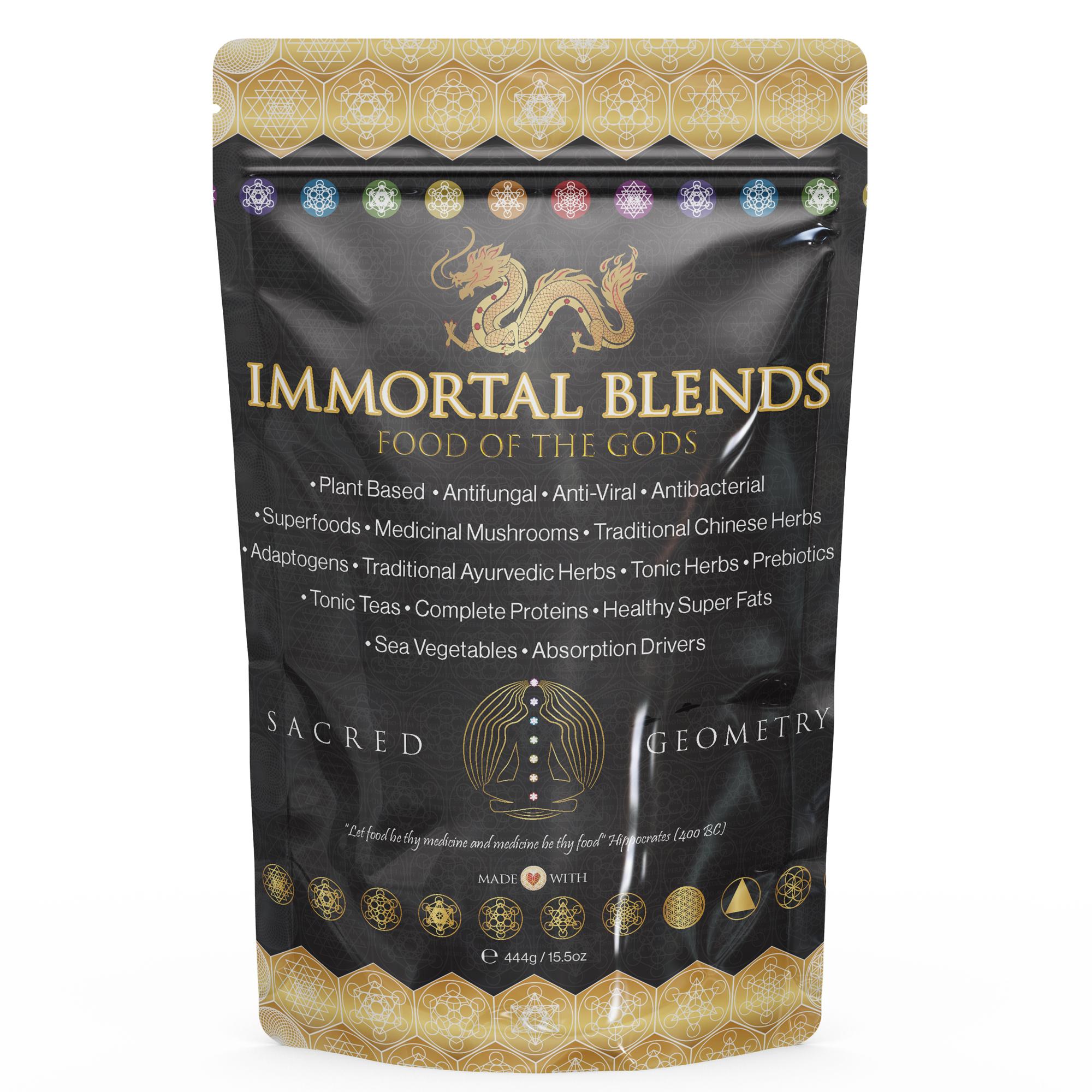 444g Packet of Food of the Gods signature blend, listing ingredients and benefits including plant-based, antifungal, antibacterial, superfoods, medicinal mushrooms, traditional chinese herbs, adaptogens, ayurvedic herbs, tonic herbs, prebiotics, tonic teas, complete proteins, healthy super fats, sea vegetables, absorption drivers.