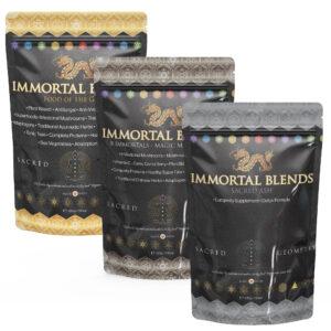 Three products - Immortality Pack including a 222g pack of Food of the Gods, and a 222g of 8 Immortals - Magic Mushrooms, and a 222g pack of Sacred Ash.
